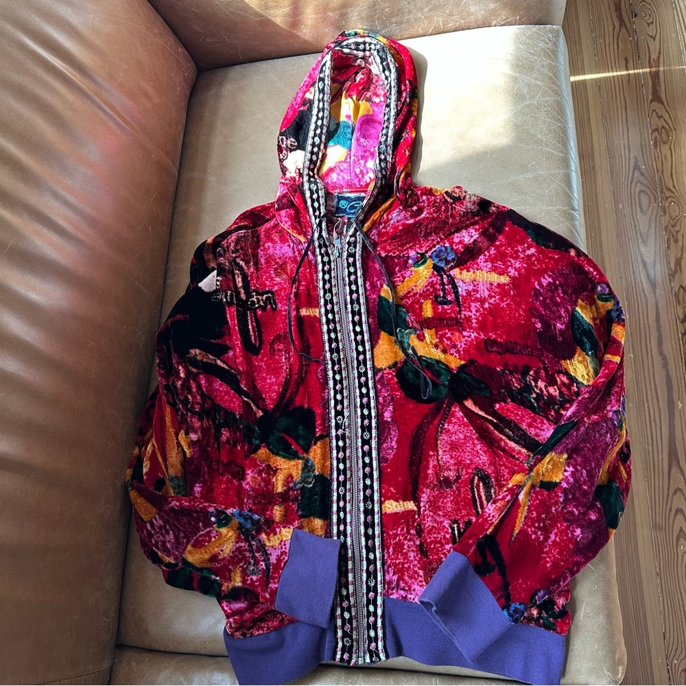 Custo Barcelona rare multi velvet hoodie Y2K luxe designer 100% silk jacket